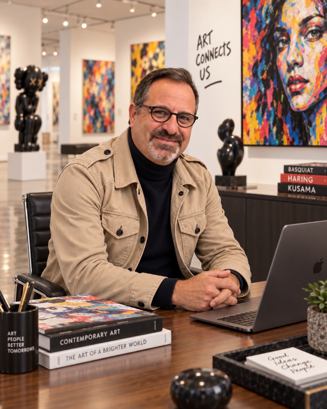 Dion Abadi wearing glasses and a tan jacket, seated at a wooden desk with a laptop and a stack of art books, artwork on the walls behind him