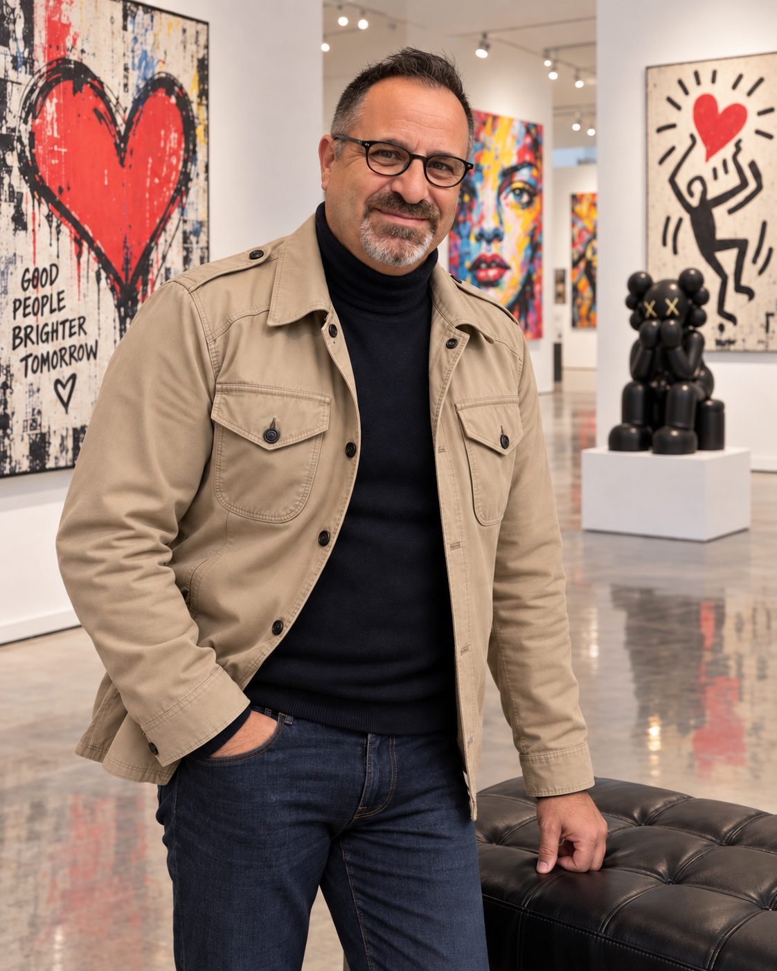 Dion Abadi standing in a contemporary art gallery wearing a tan jacket and glasses
